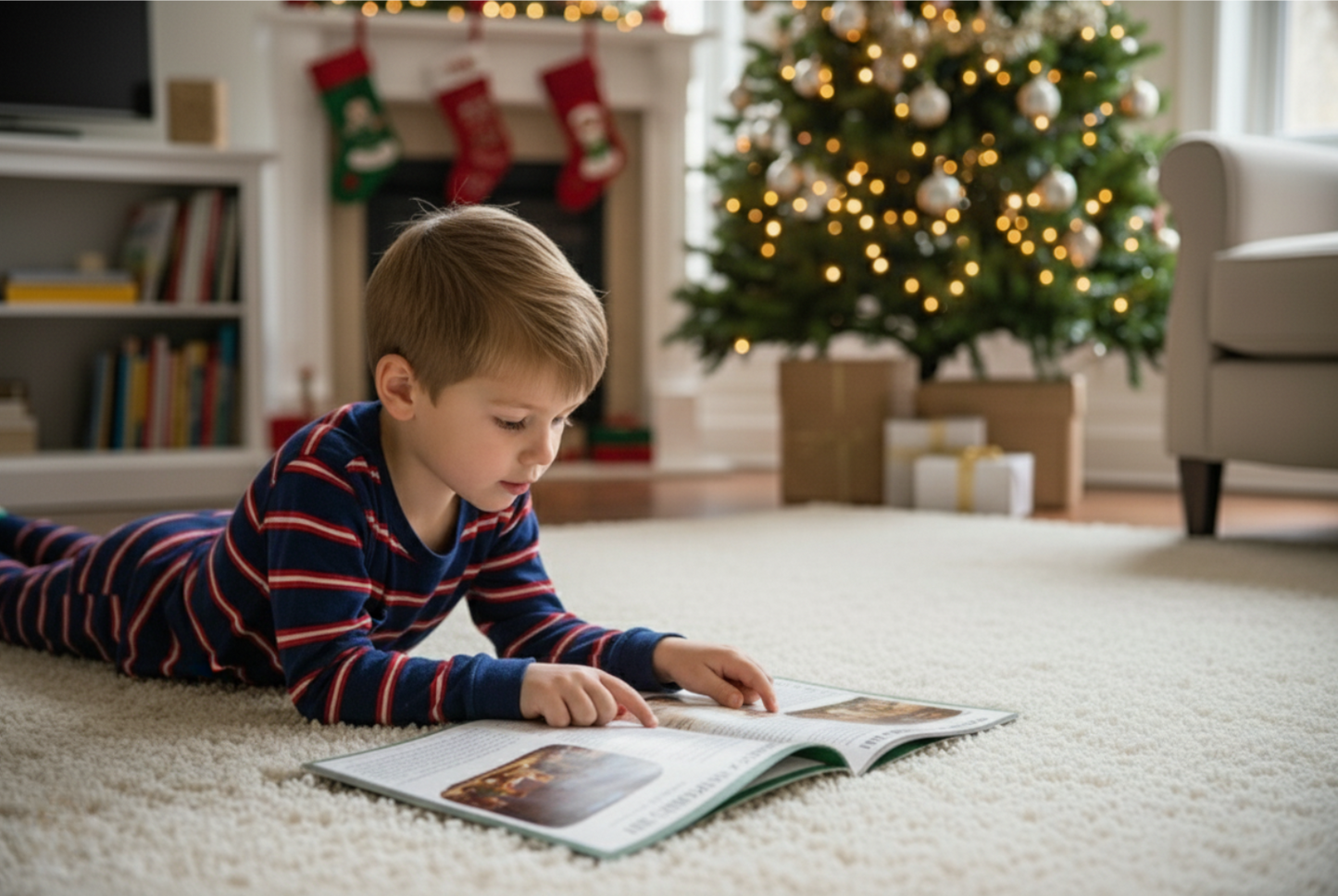 Child reading a book on the floor in a cozy living room with a Christmas tree.