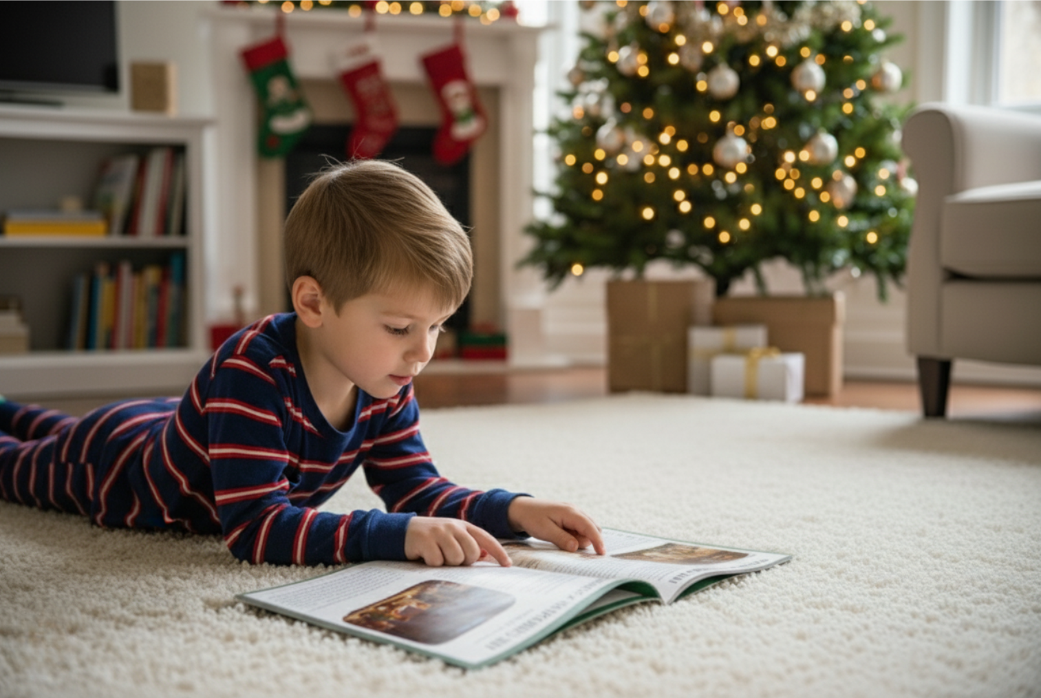 Child reading a book on the floor in a cozy living room with a Christmas tree.