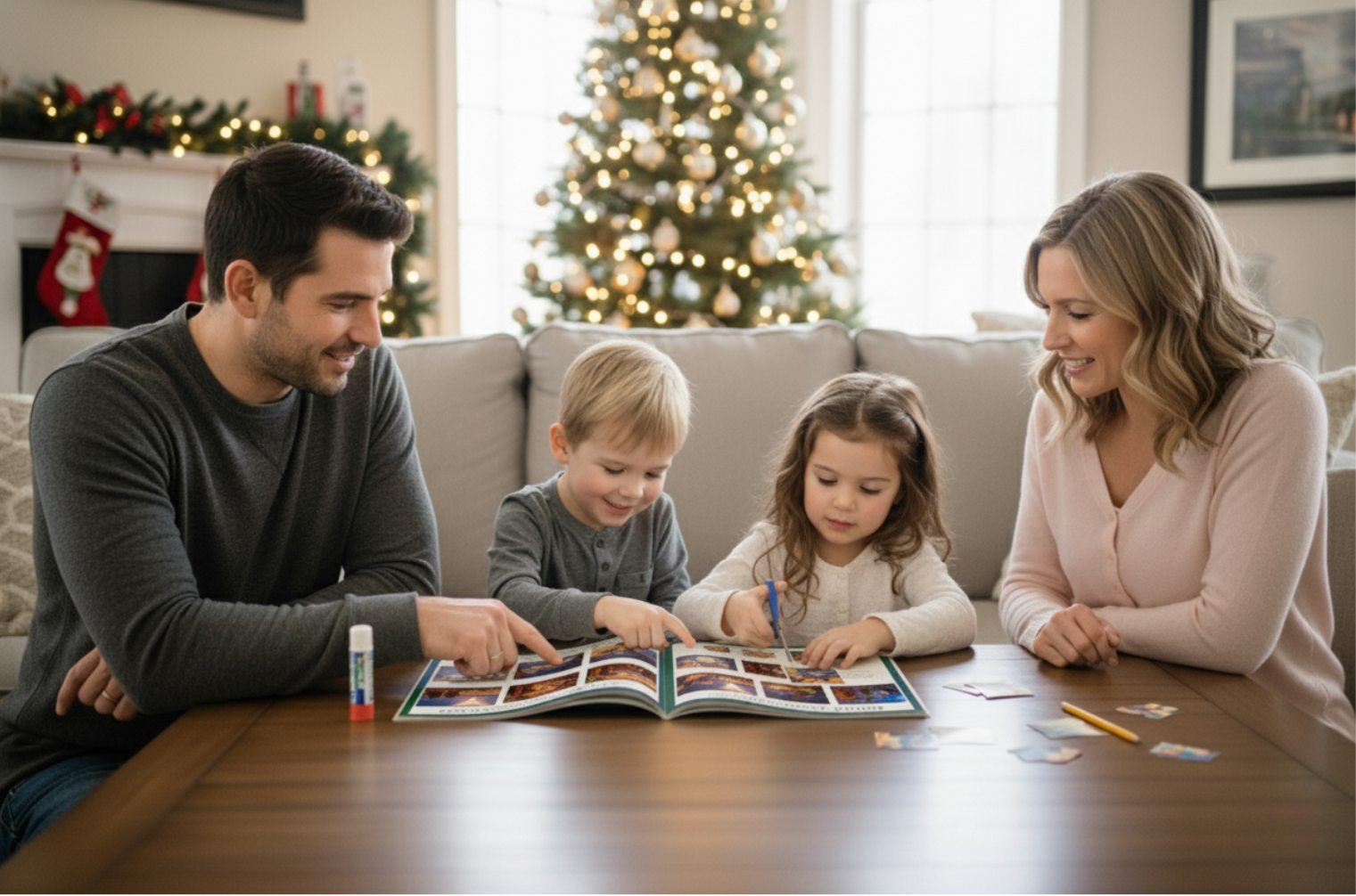 A Christian family enjoys reading the Lasting Joy kids devotional magazine together by the Christmas tree. This faith-based activity helps parents and children connect over Bible stories, crafts, and holiday lessons that celebrate the birth of Jesus.