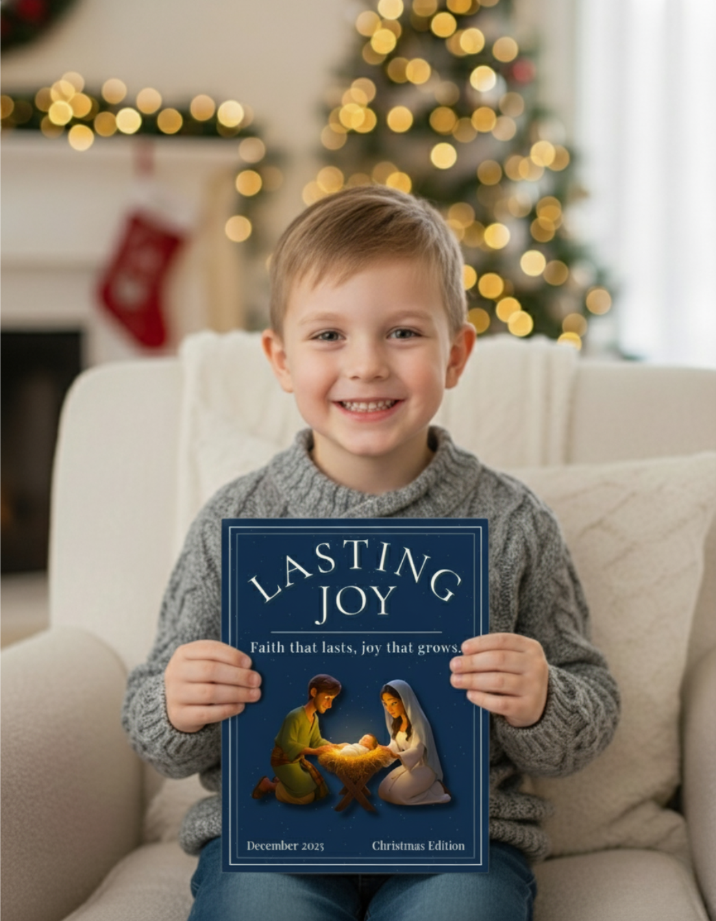 Child holding a book titled 'Lasting Joy' in a festive living room setting.