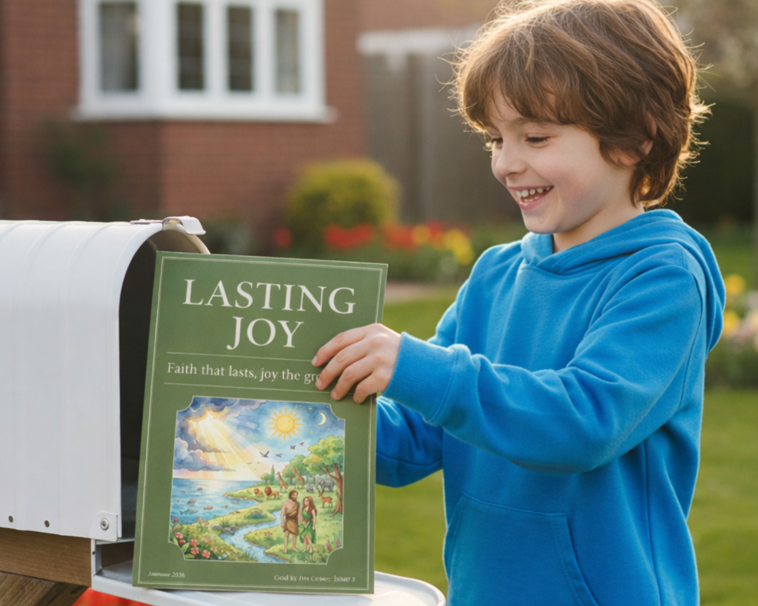 Child holding a book titled 'Lasting Joy' in front of a house with flowers.