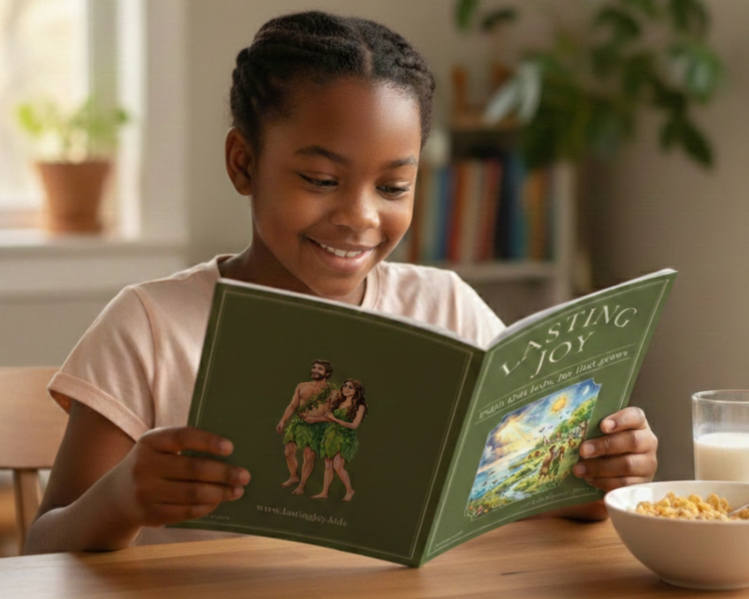 Young girl reading a book titled  lasting Joy at a table with a bowl of cereal.