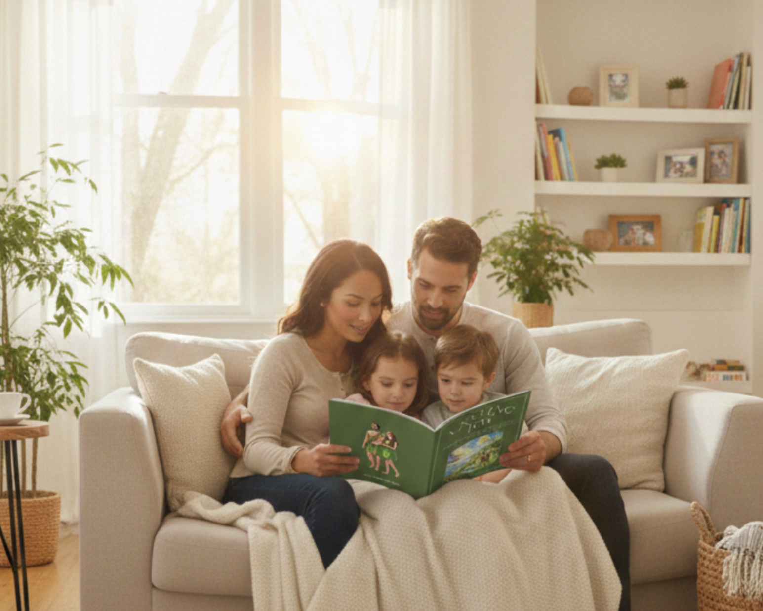 Family reading  Lasting Joy Family Devotional together on a couch in a bright living room.