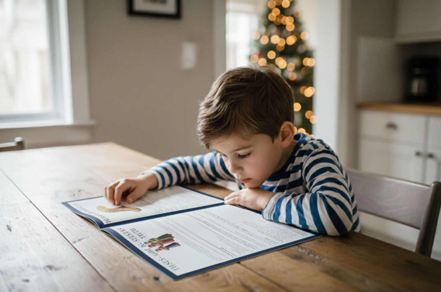 A little boy studies his Lasting Joy Christmas issue at the breakfast table. Each page of this Christian kids magazine brings Scripture to life through storytelling, crafts, and lessons about Jesus’ birth.
