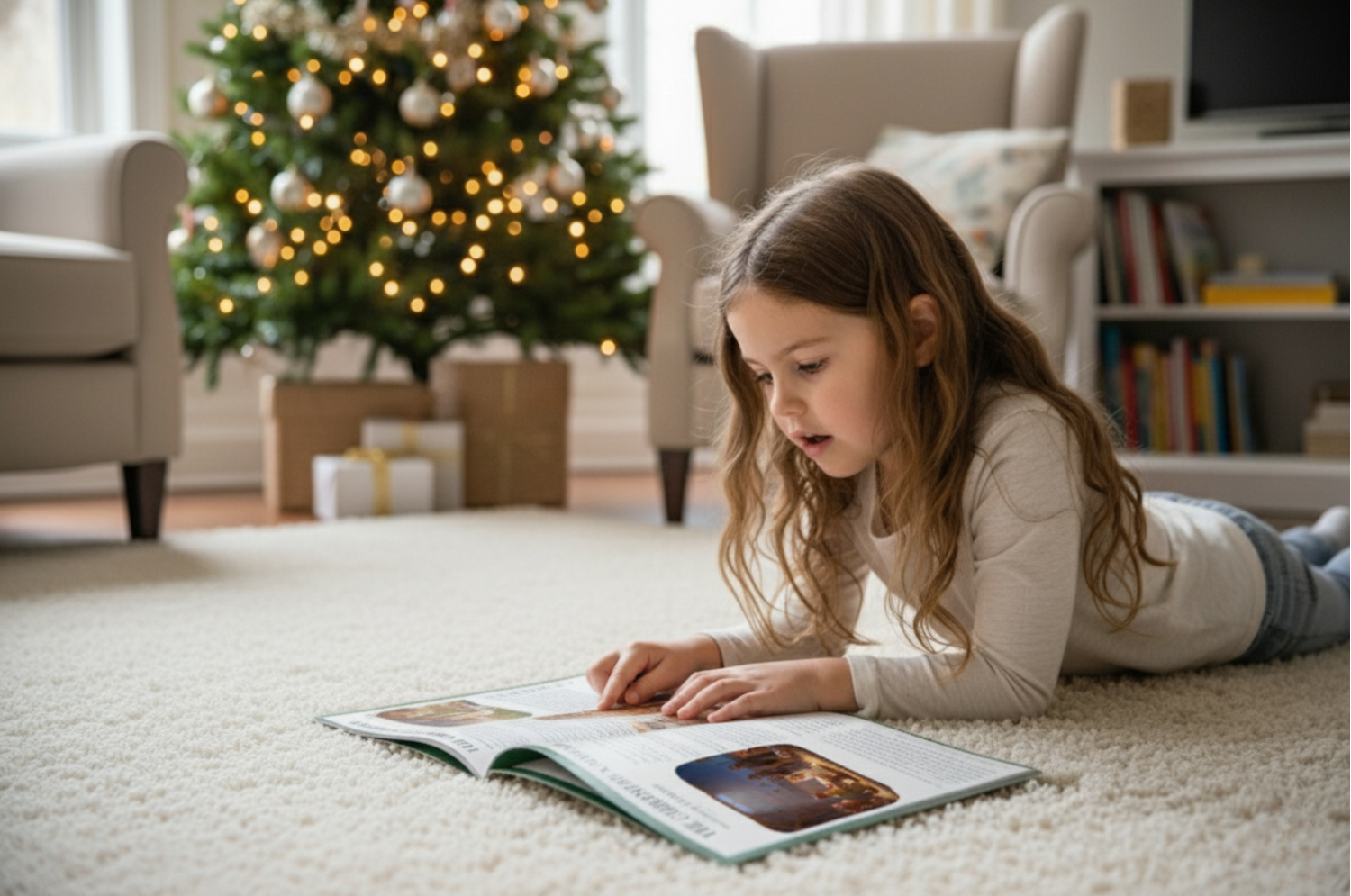 A young girl reads her Lasting Joy children’s Bible magazine beside a glowing Christmas tree. This quiet moment of wonder captures how kids can explore God’s Word through stories, devotionals, and creative faith activities.