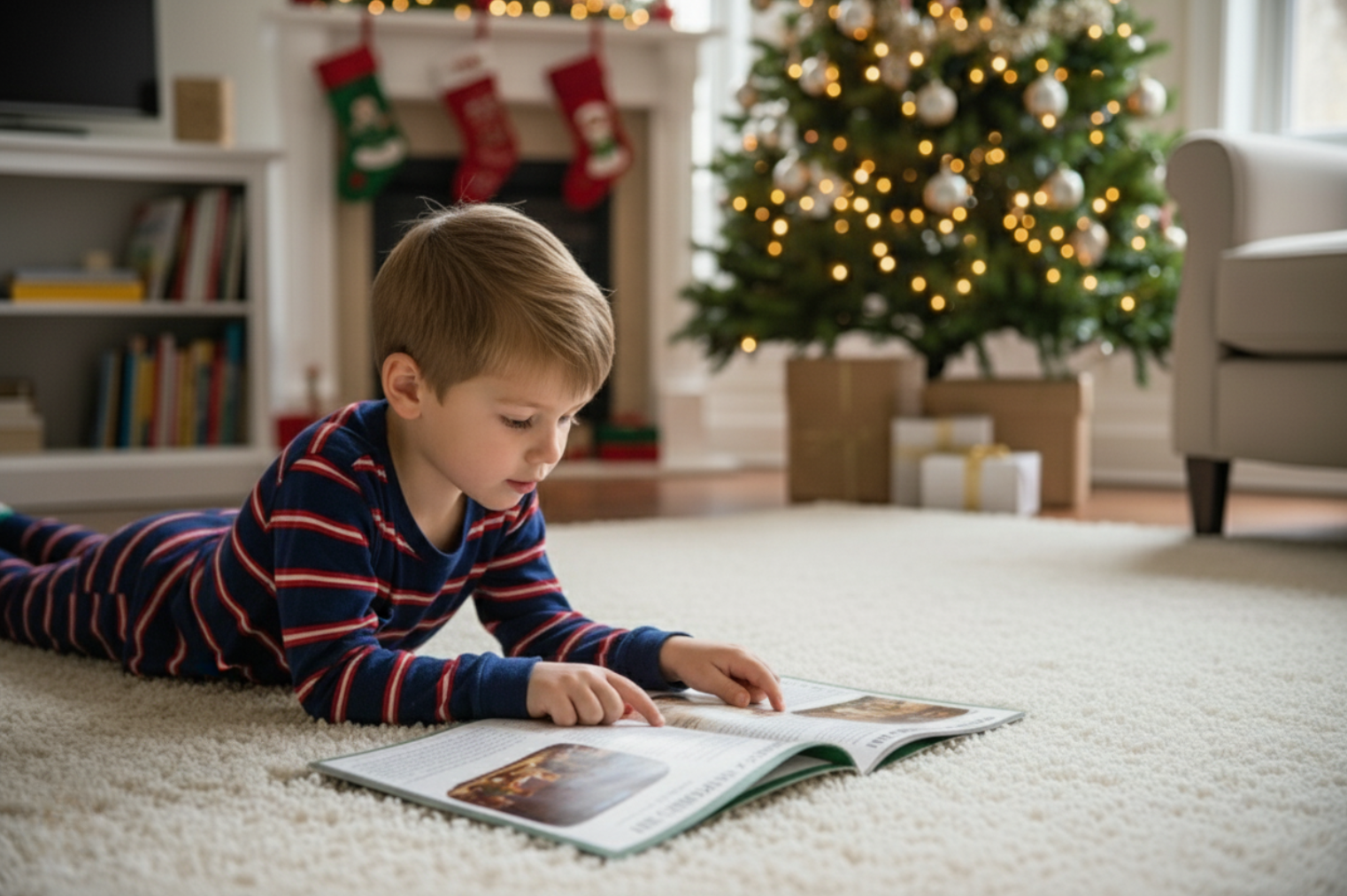 Child reading a book on the floor in a cozy living room with a Christmas tree.